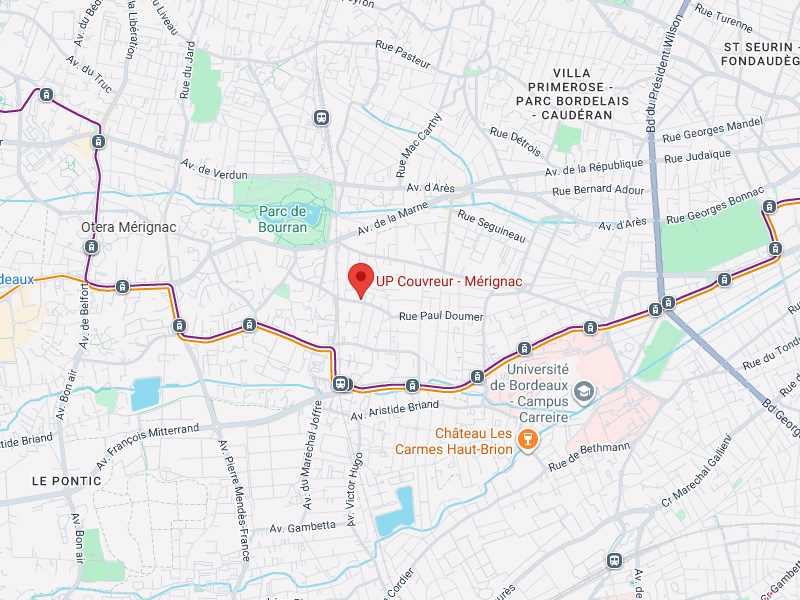 UP Couvreur Mérignac : Carte du tram et des environs Localisation UP Couvreur - Mérignac, avec lignes de tram, le Parc de Bourran, Otera et l'Université de Bordeaux - Campus Carreire.