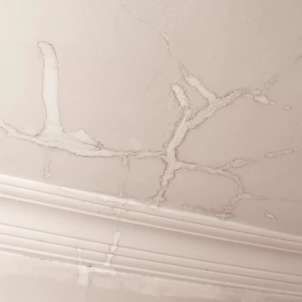 Infiltration d'eau et fissures : signes de dégâts des eaux Traces d'infiltration d'eau et fissures sur un mur avec moulures, signe d'un dégât des eaux au plafond.