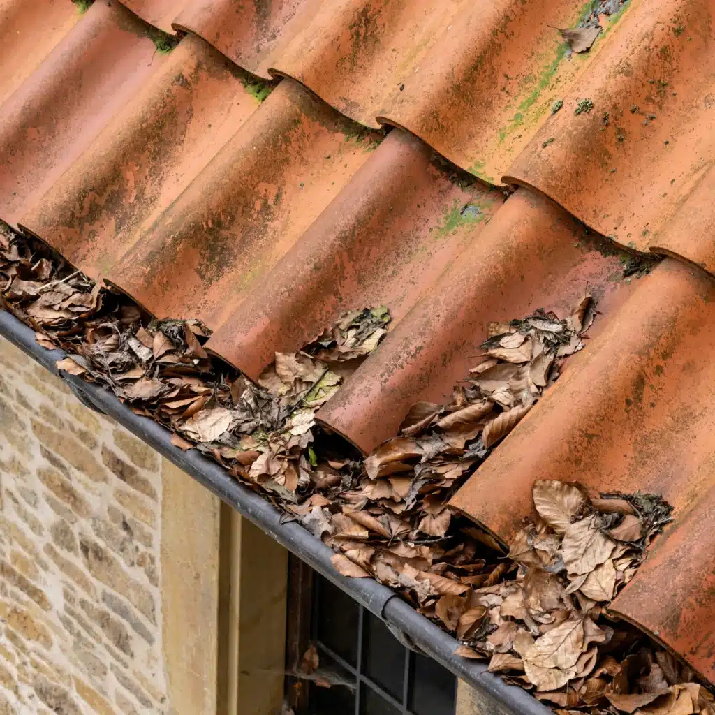 Nettoyage de Gouttière : Feuilles Mortes sur Toit en Tuiles Gouttière remplie de feuilles mortes sèches sous des tuiles en terre cuite rouges avec de la mousse verte.